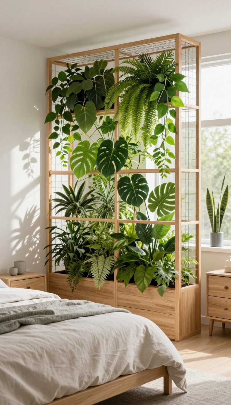 Bright bedroom with a lush vertical living wall divider made of trailing pothos, ferns, and upright plants on a wooden frame, letting soft daylight filter through the leaves