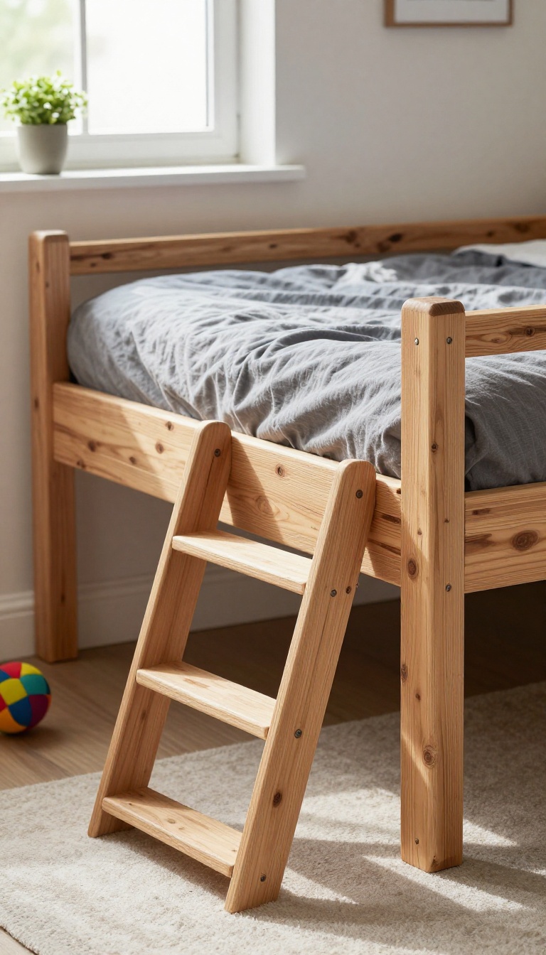 DIY loft bed made from reclaimed wood in a bright boys bedroom with a wooden ladder and cozy bedding