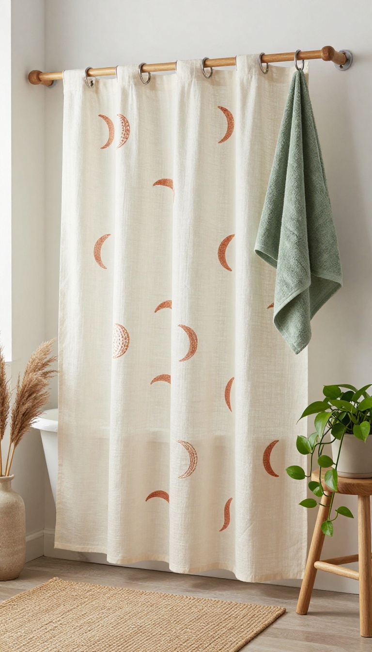 Hand-stamped cream shower curtain with terracotta half-moon pattern in a bright boho bathroom with plants and woven decor