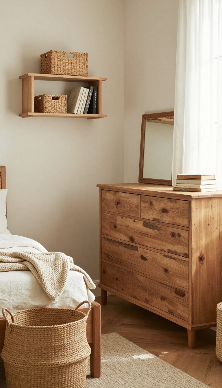 Cozy classic bedroom with a reclaimed wood dresser, woven seagrass baskets, and warm natural textures in soft daylight