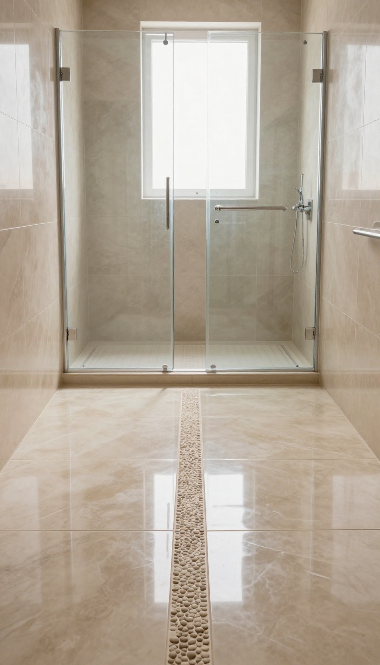 Walk-in shower with smooth beige tiles and a textured pebble mosaic strip on the floor