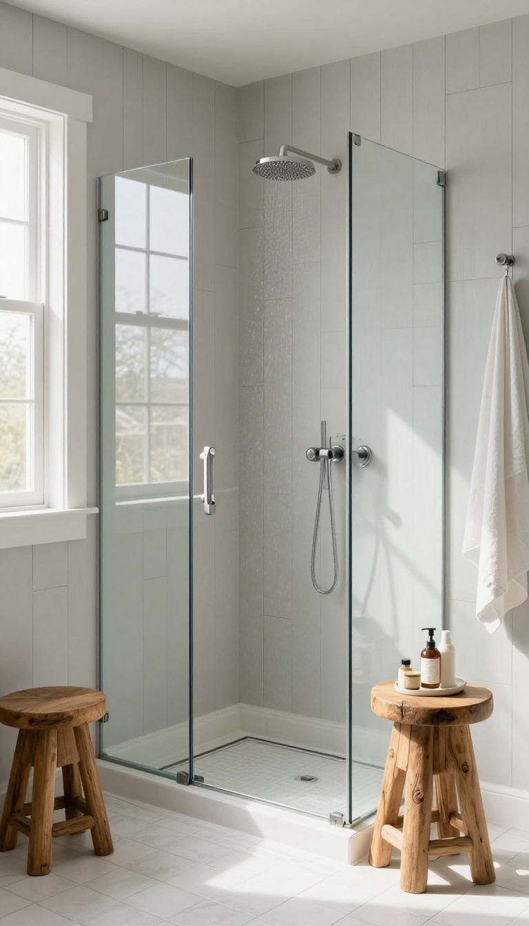 Modern farmhouse shower with a light gray waterproof shiplap accent wall, glass enclosure, and rainfall showerhead.