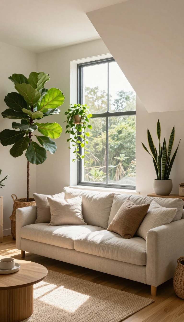 Bright upstairs loft living room with sloped ceilings styled with a fiddle leaf fig, trailing pothos, and snake plant in natural light