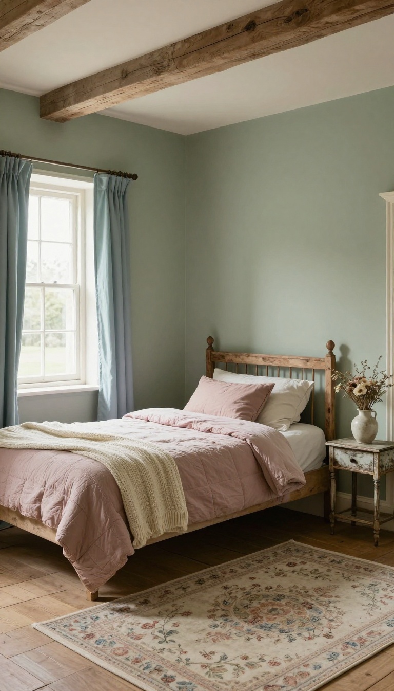 English cottage bedroom with soft sage green walls, off-white trim, faded dusty rose quilt, pale blue curtains, and bright natural light