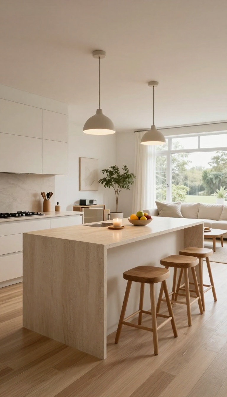 Open-concept kitchen and living room with a large island and stools on the lounge side, warm pendant lights above, and bright natural light flowing through both spaces