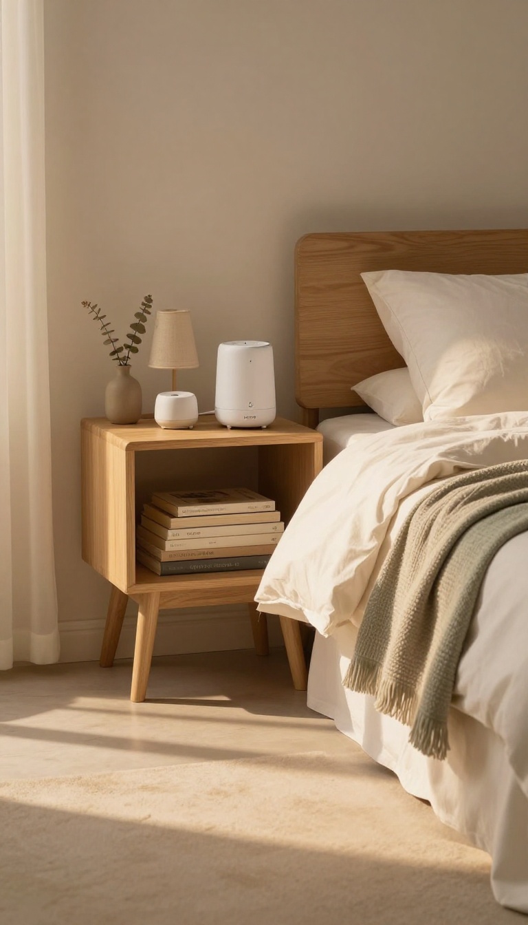 Calm spa bedroom nightstand with a small Bluetooth speaker and white noise machine beside a lamp, books, and eucalyptus in soft natural light