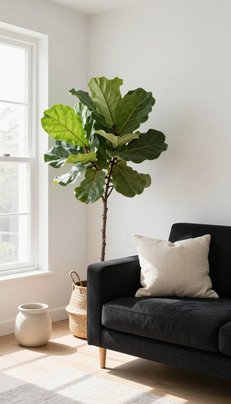 Bright living room with a black couch and a tall fiddle leaf fig in a woven basket beside it, catching natural window light