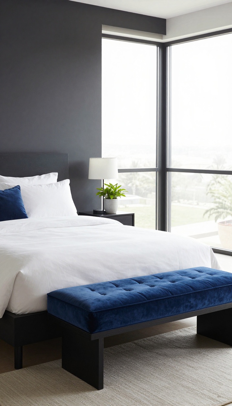 Modern bedroom with a black wooden bench and blue velvet cushion at the foot of the bed, styled with navy and white bedding in a bright room.