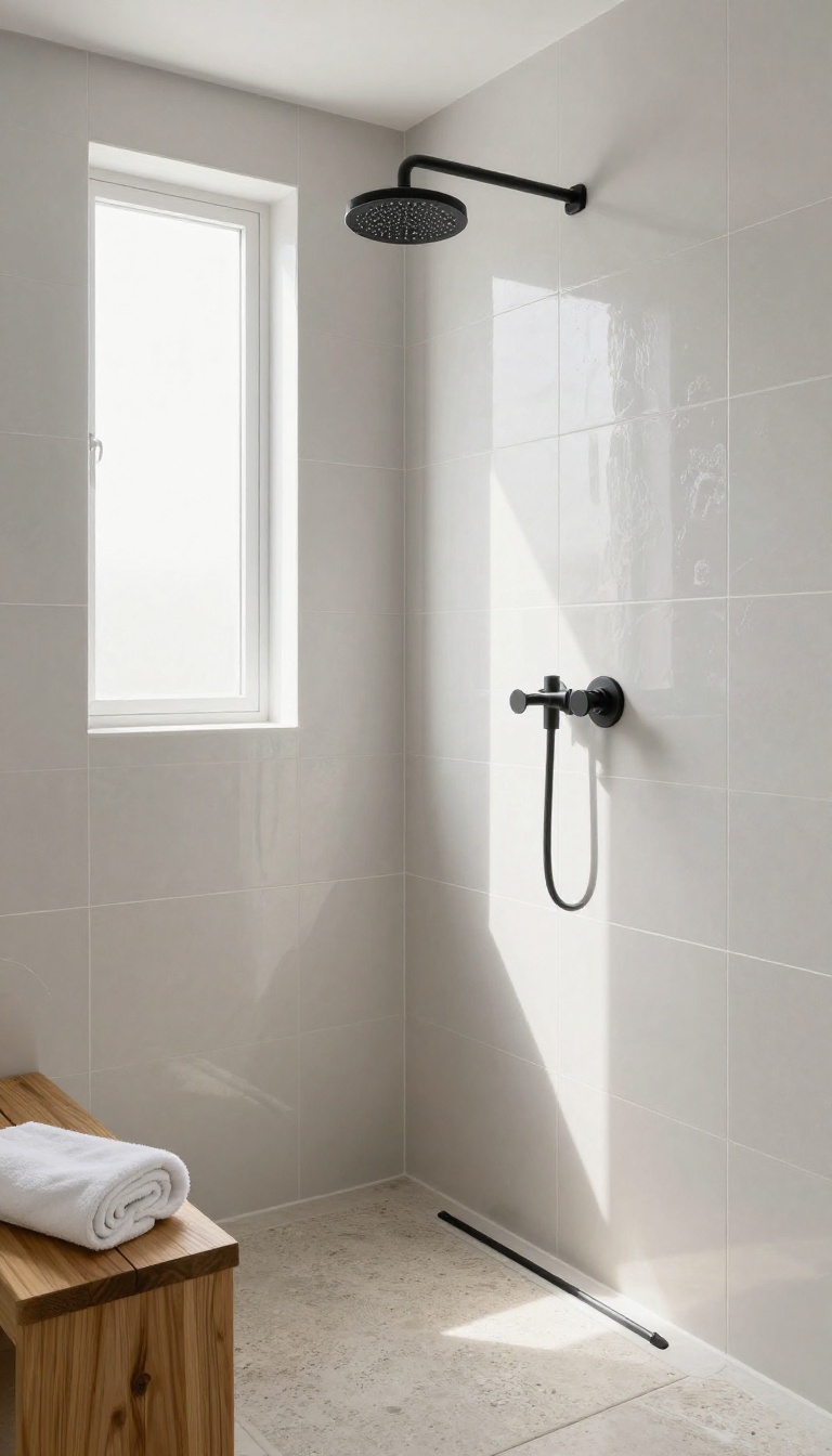 Glossy light gray shower tile reflecting natural light in a small modern shower with matte black fixtures and a wood bench