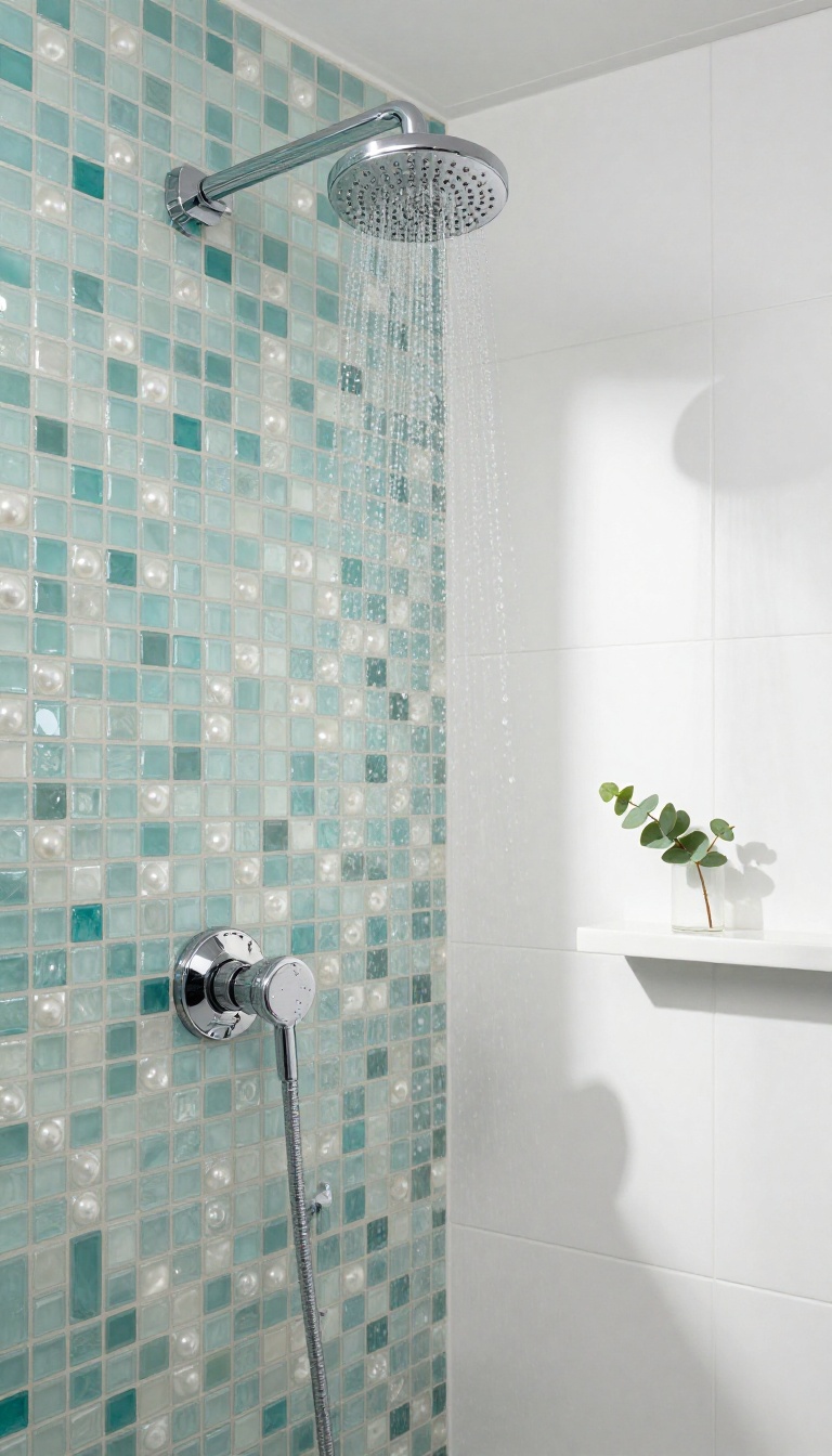 Bright modern shower with a sparkling glass mosaic accent wall reflecting natural light