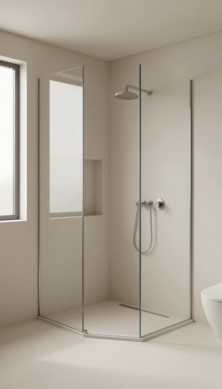 Curbless entry corner shower with linear drain and continuous large-format tiles in a bright bathroom