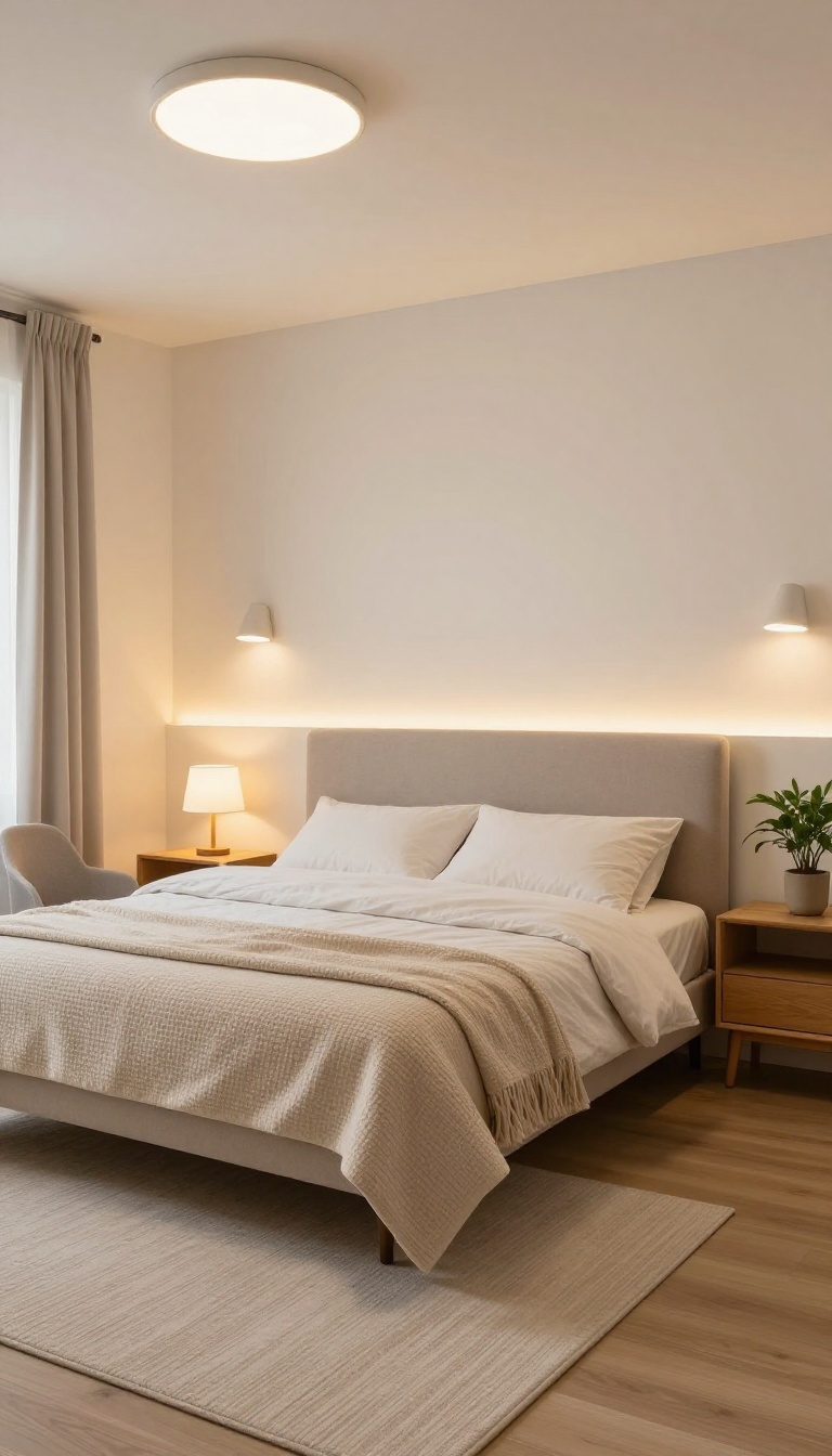 Cozy windowless basement bedroom with layered warm lighting from ceiling fixture, wall sconces, floor lamp, and LED strip behind the headboard creating a bright inviting glow