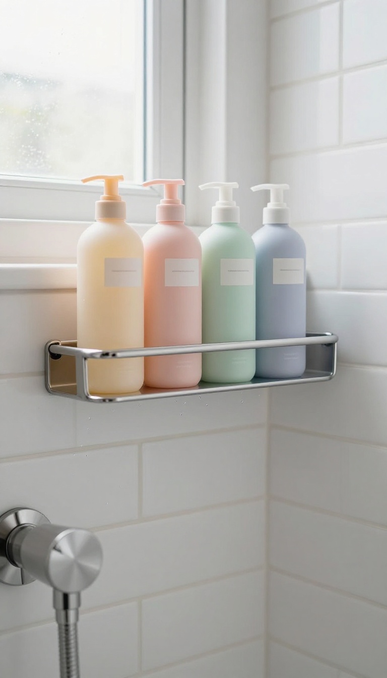 Matching frosted glass pump bottles lined up on a shower shelf in a bright, tidy bathroom