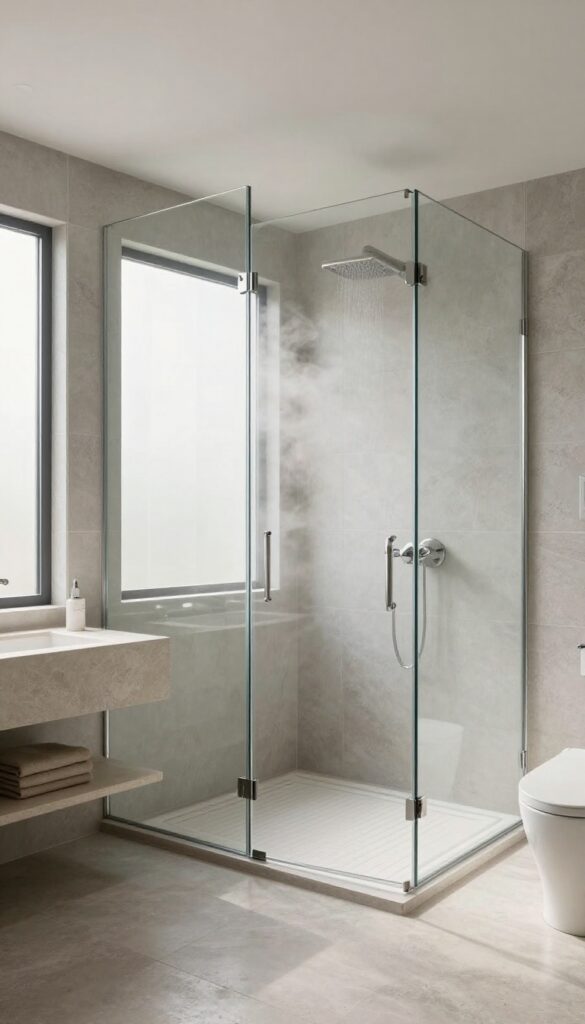 A spacious steam shower with a built-in bench, glass enclosure, and soft mist, designed as a private home retreat.