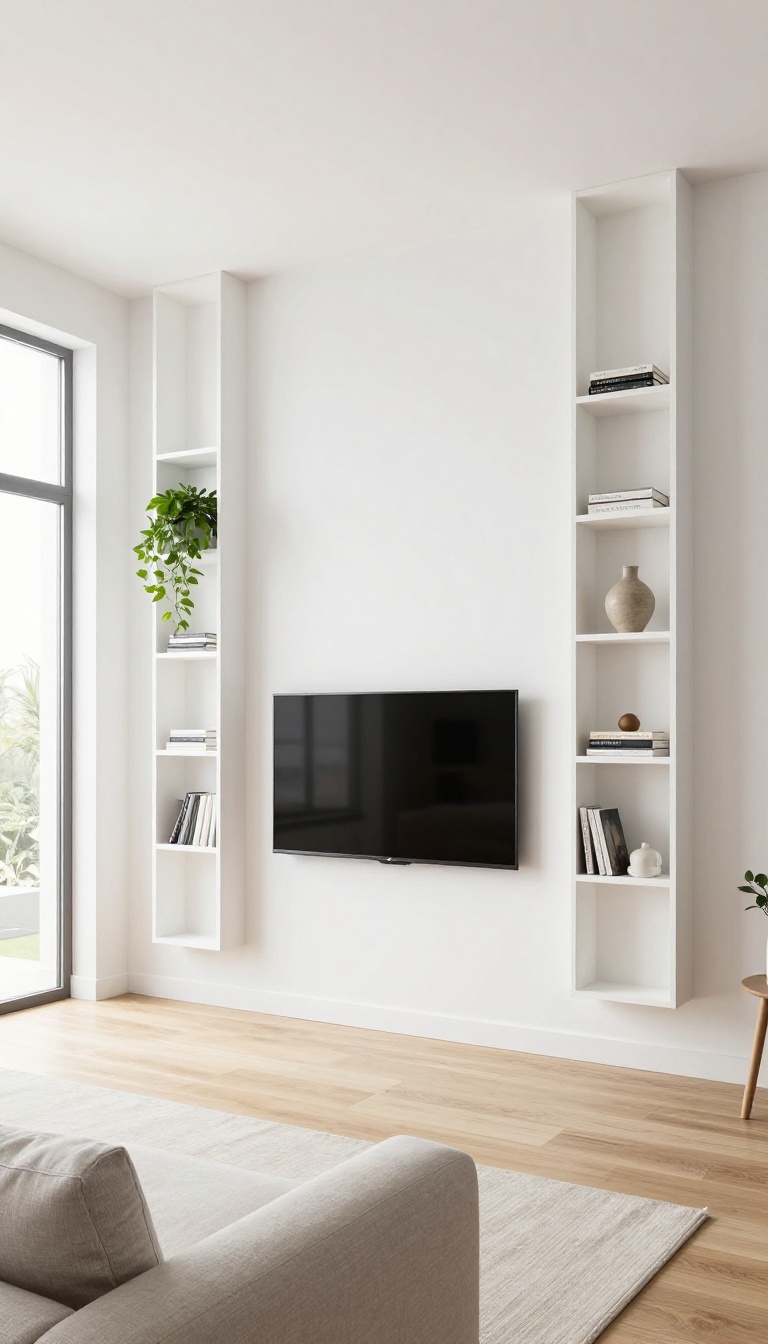 Bright living room with high ceilings, a wall-mounted TV framed by two tall narrow vertical floating shelves styled with plants and books