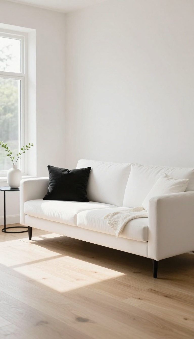 White modern sofa with slim black tapered legs in a bright minimalist living room with natural light