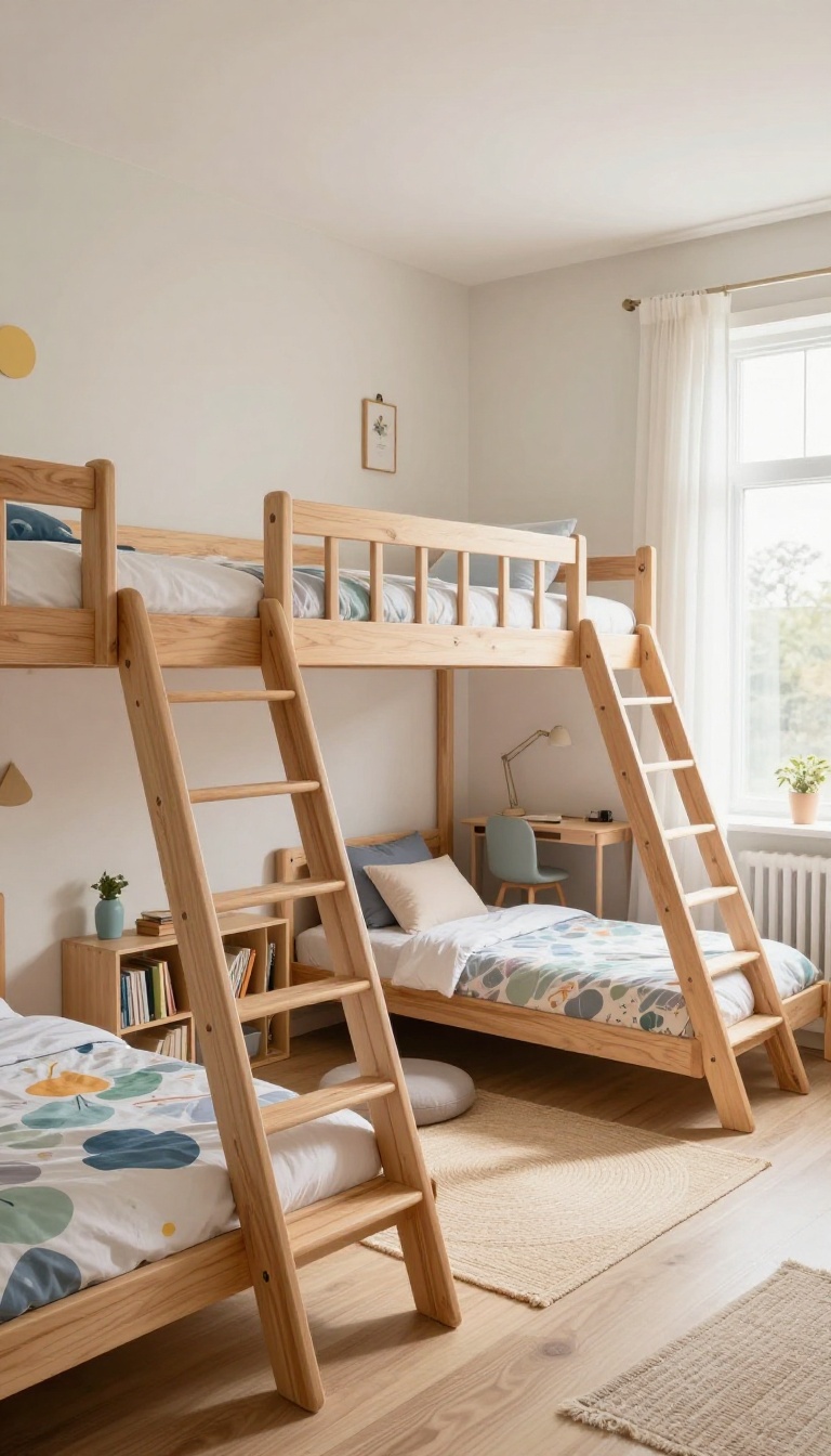 Shared kids bedroom with two loft beds and a play and study space underneath, bright natural light