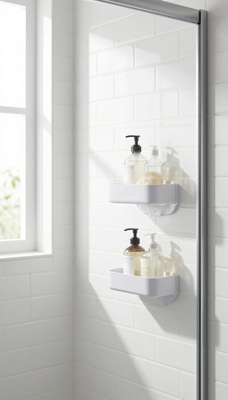 White adhesive corner caddy in a shower corner holding bottles and a loofah, mounted on white tiles