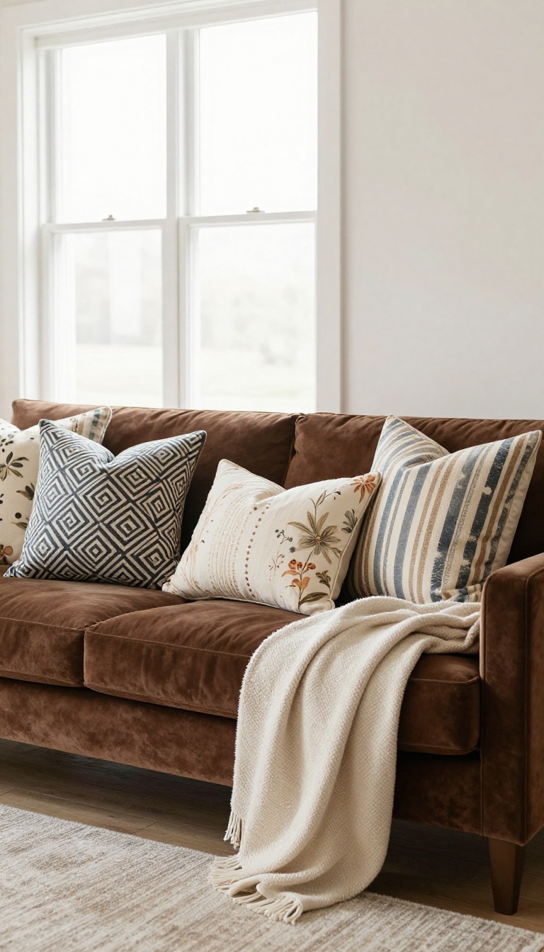 Chocolate brown velvet couch styled with a mix of patterned throw pillows in geometric, floral, stripe, and dot prints for a warm living room