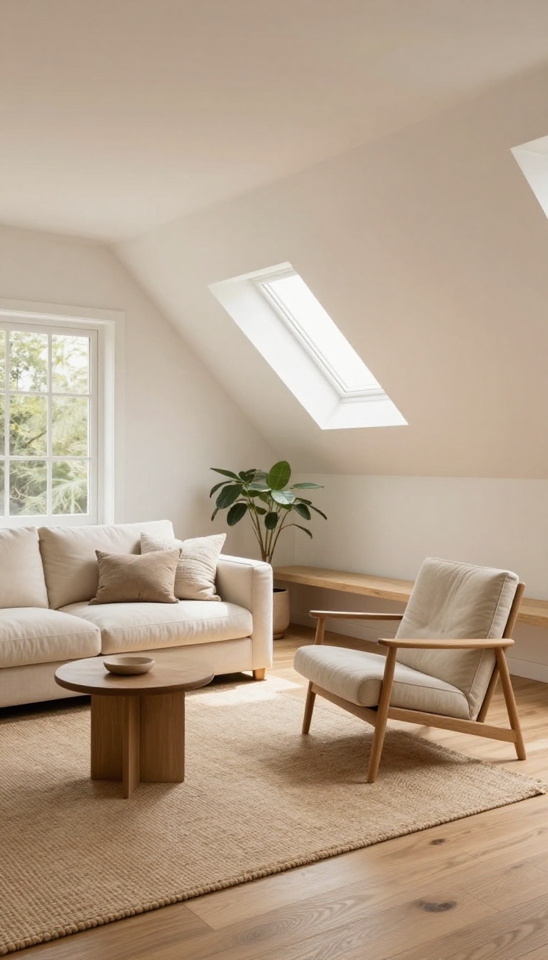 Bright loft living room with a sloped ceiling and a low-profile sofa tucked underneath it, styled with neutral linens and natural light
