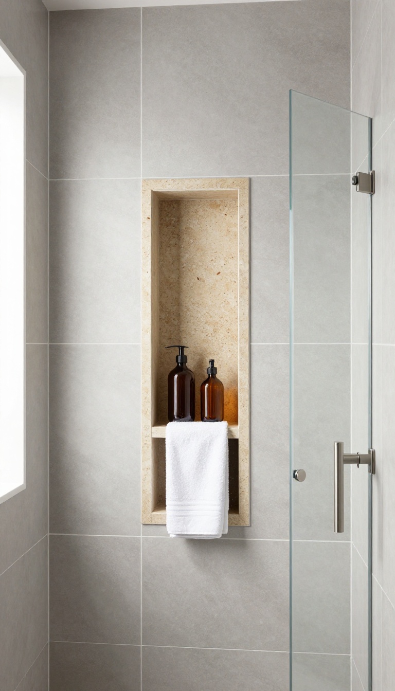 Gray tiled shower wall with a tall travertine stone niche holding bottles and a towel, lit by bright natural light
