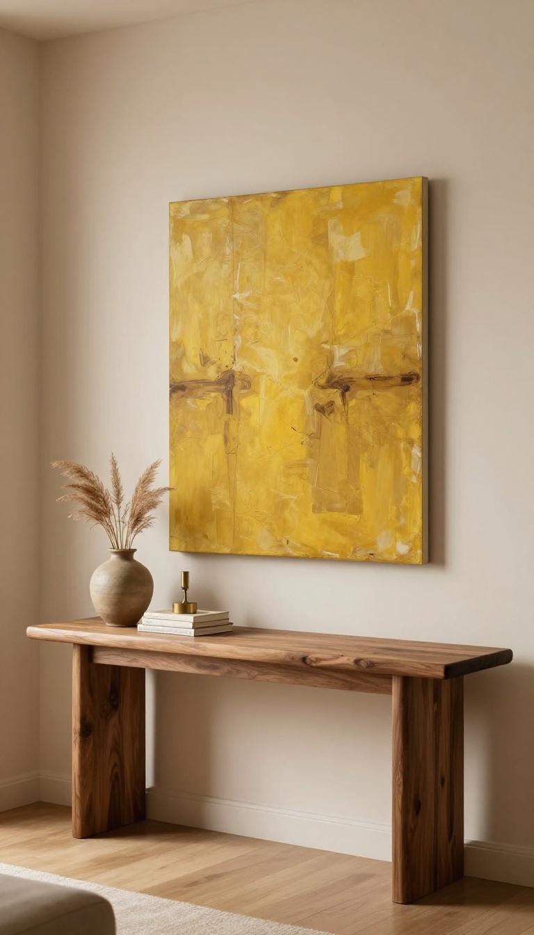 Warm living room with a walnut console table and a large yellow ochre artwork hung above it in natural light