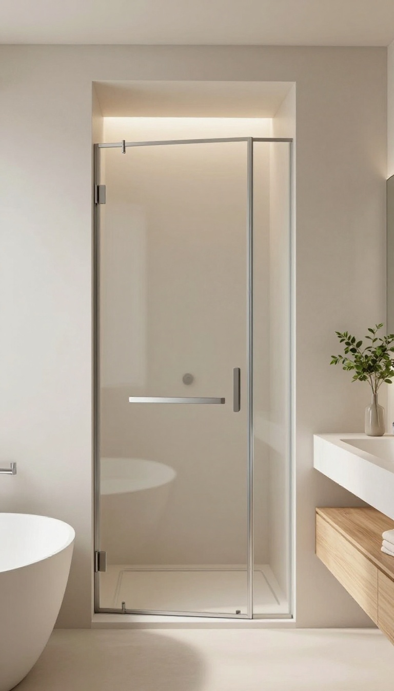 Modern bathroom with a curved glass shower door in a corner, showing a smooth arc of glass and minimal chrome frame, with natural light and neutral decor.