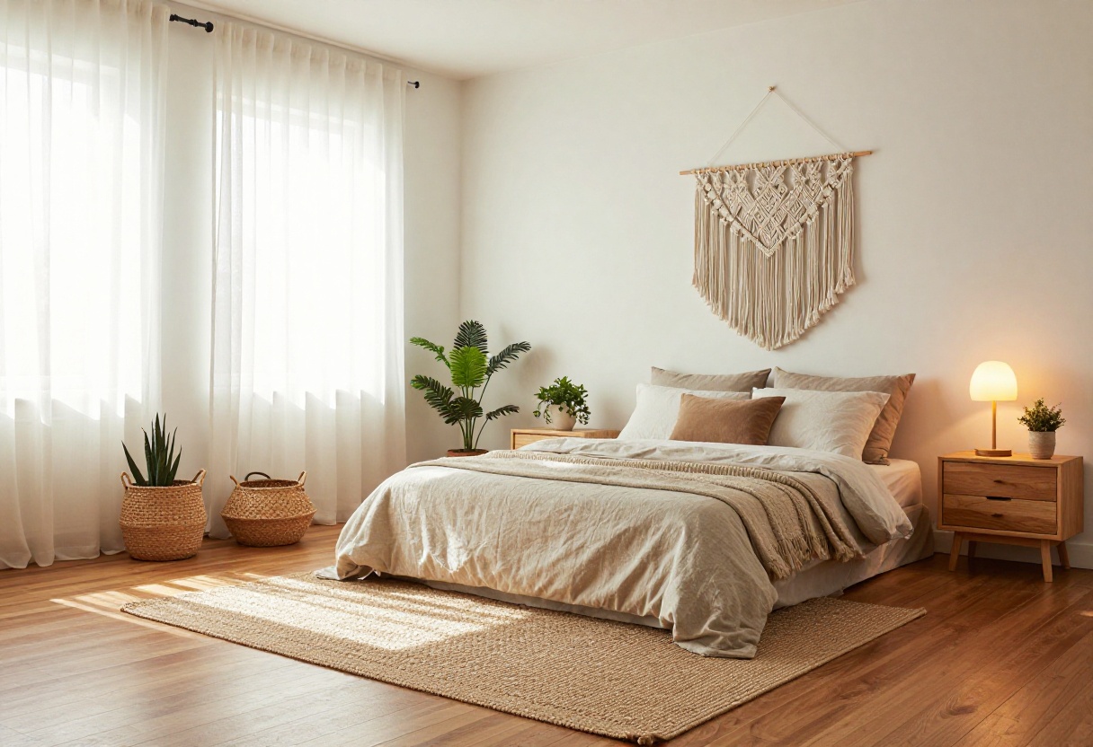 Boho master bedroom with layered textures including a jute rug, macrame wall hanging, and mixed bedding.