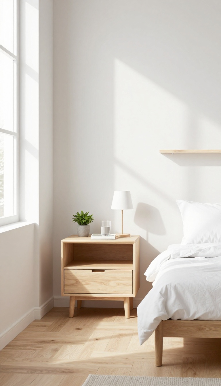 Small square bedroom with slim floating nightstands and a low platform bed, keeping the floor open and airy