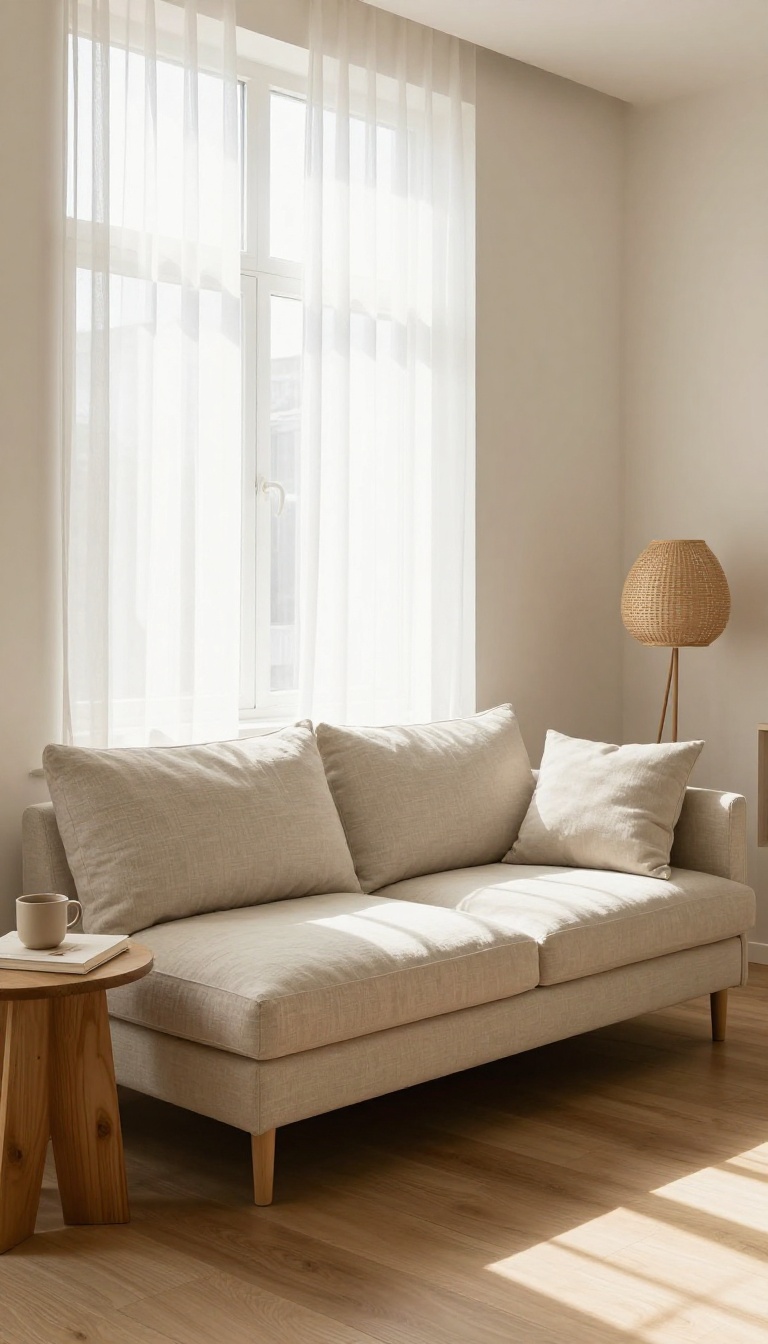 Slim linen chaise lounge placed by a bright bedroom window with a side table and floor lamp, creating a cozy reading corner