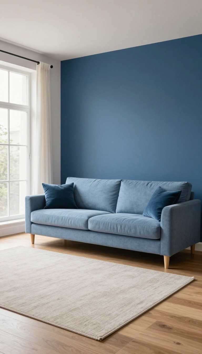 Light blue sofa in front of a deep navy blue accent wall with matching navy throw pillows, light rug, and warm wood floors in a bright serene living room