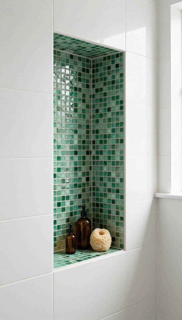 Modern shower niche with emerald green glass mosaic back panel contrasting against large white wall tile, holding amber bottles in bright natural light