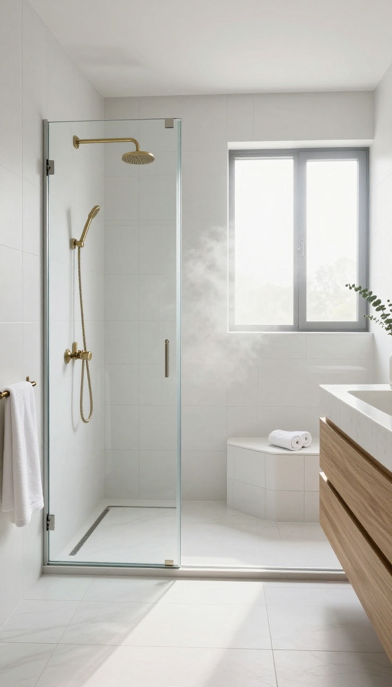 Floor-to-ceiling white tile shower with frameless glass door and brass fixtures in a bright modern bathroom