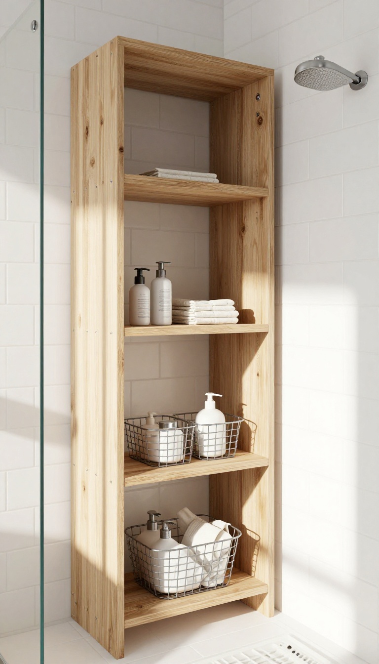 Modern farmhouse shower with open shelving and wire baskets