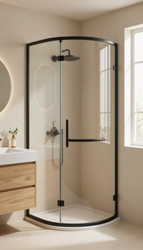 Modern bathroom with a curved glass shower screen in a matte black frame, warm wood and brass accents, soft natural light.
