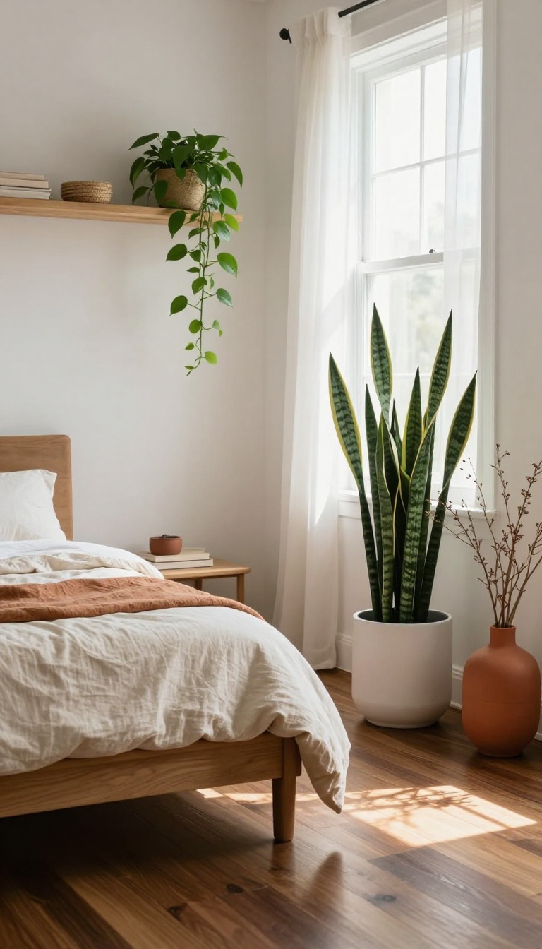 Cozy dark wood floor bedroom with a snake plant, trailing pothos, woven baskets, and warm natural light