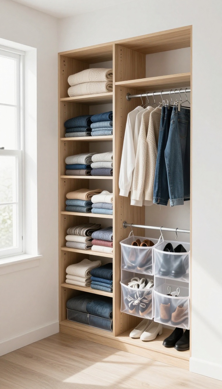 Organized small square bedroom closet with clear stackable bins, shelf dividers, and a hanging pocket organizer in bright natural light