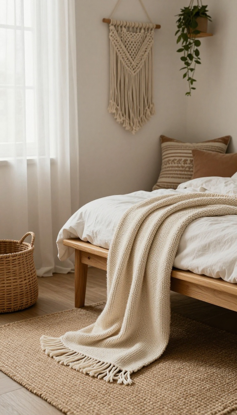 Boho bedroom bench with a chunky knit throw blanket draped over the corner and a woven fringe throw layered beneath, styled with a rattan basket and pillow in soft natural light