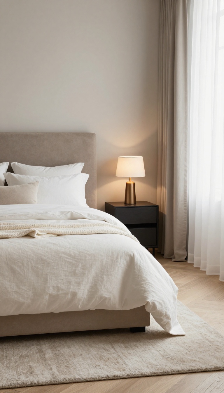 Elegant neutral luxury bedroom with oatmeal linen bedding, greige walls, charcoal bench, and bronze lamp in soft natural light