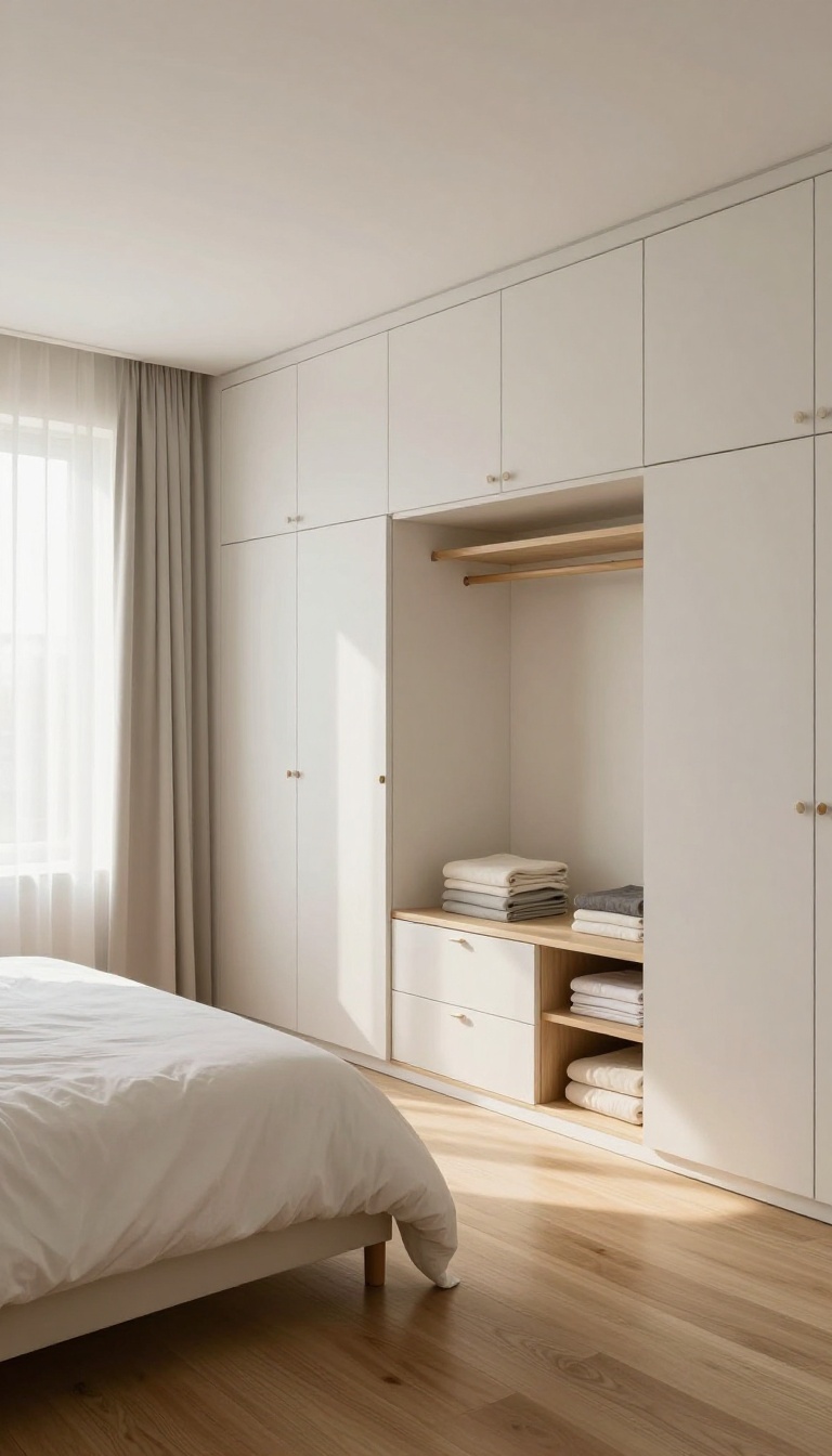 Bright bedroom with a custom built-in wardrobe fitted around a sloped ceiling and alcove corner, showing organized hanging rods, shelves, and drawers