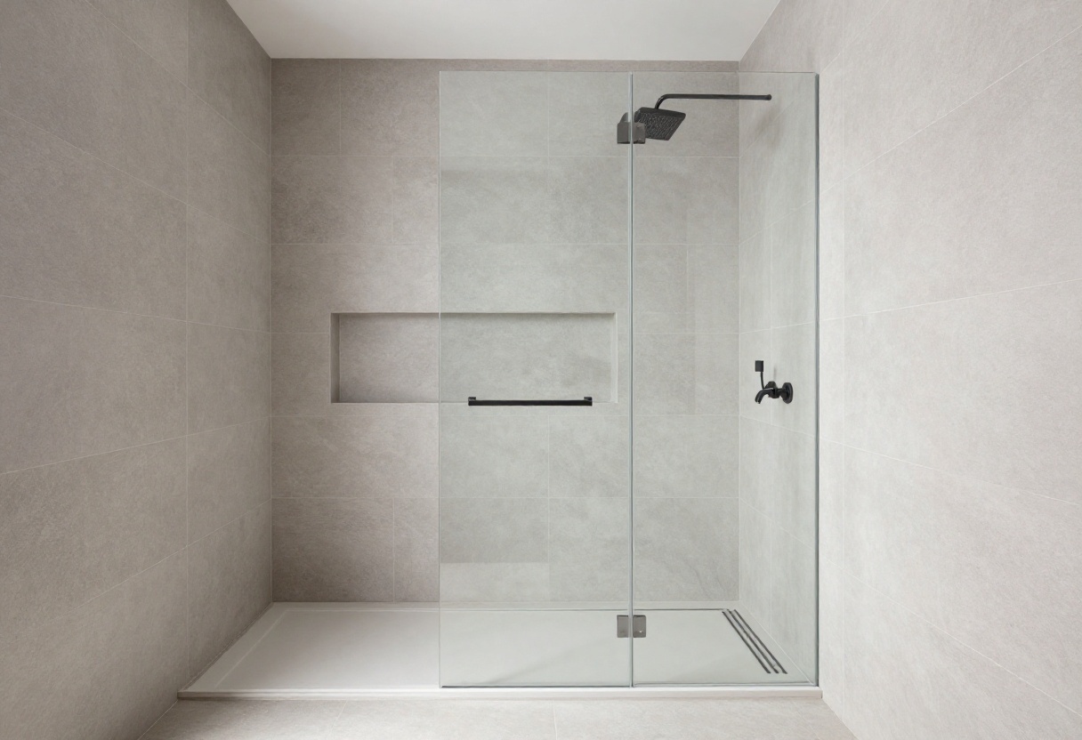 Modern walk-in shower with large gray tile, frameless glass, and matte black fixtures.
