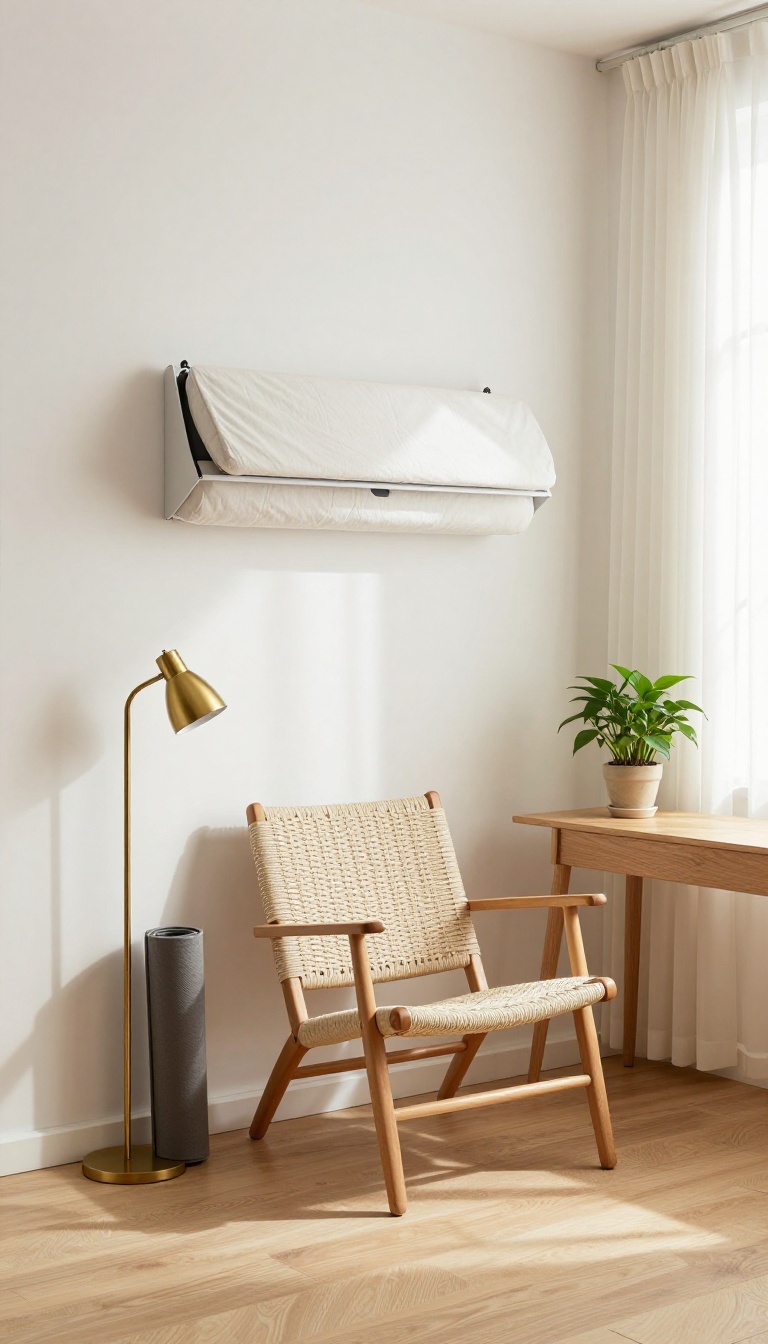 Small spare bedroom with a folded-up Murphy bed, reading chair, and desk in bright natural light