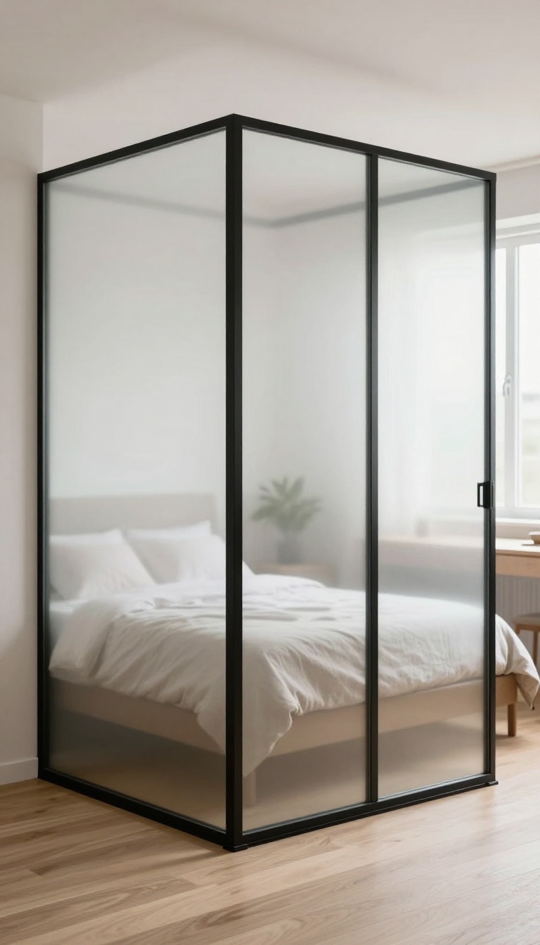 Frosted glass panel divider with a black metal frame softly diffusing daylight in a bright modern bedroom