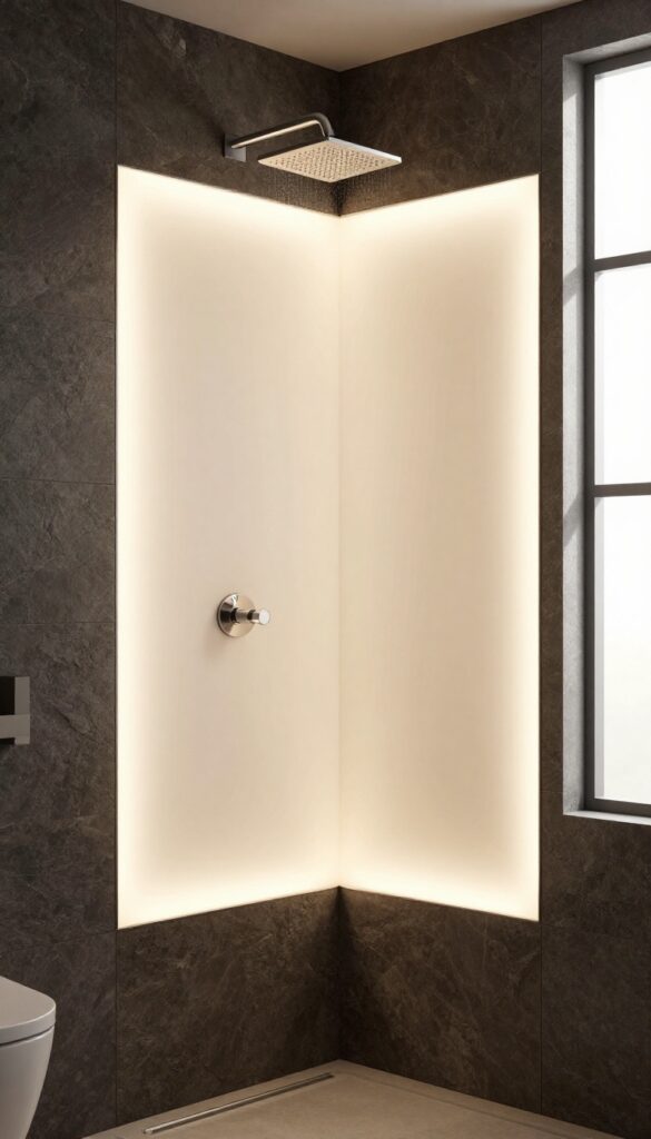Backlit shower panel glowing on a dark tile wall in a modern bathroom, creating a calm and contemporary atmosphere.