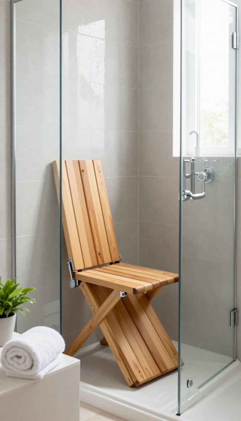 Folding teak shower seat mounted on a tiled wall in a bright modern bathroom