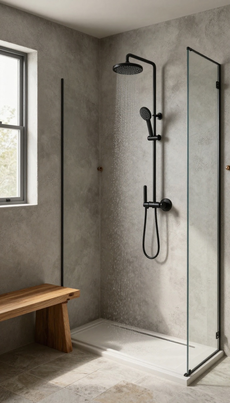 Rustic bathroom shower with textured concrete walls, wood bench, black fixtures, and stone floor