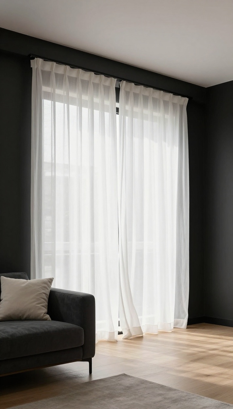 Sheer white linen curtains diffusing soft daylight across matte black living room walls