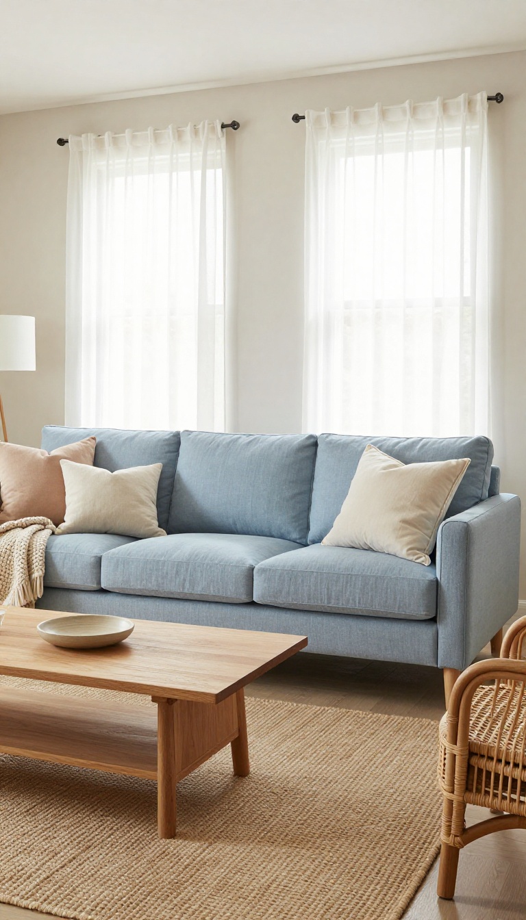 Light blue linen sofa styled with warm neutral pillows and a knit throw in a bright calm living room