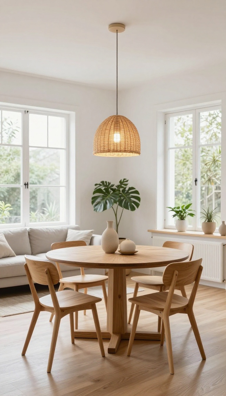 Bright open concept living room with a woven pendant light hanging over a round wooden dining table, defining the dining zone with a warm glow