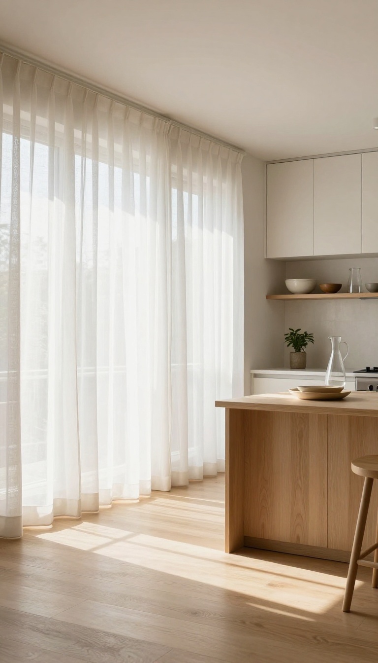 Bright open-plan living room and kitchen with sheer white curtains and open floating shelves letting natural light travel through the space